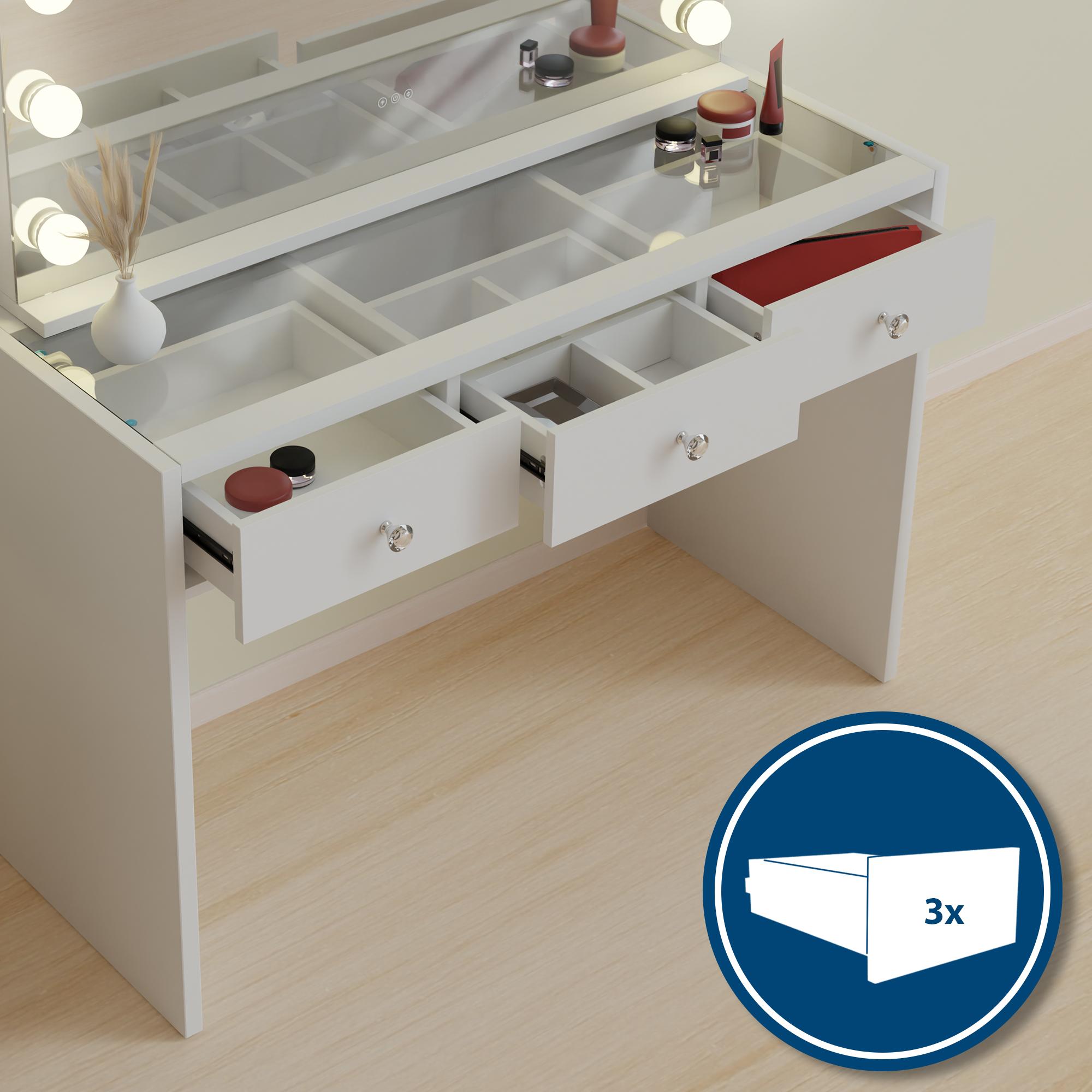 CLP Schminktisch Nettie mit Spiegel I Kosmetiktisch mit LED-Beleuchtung I mit 3 Schubladen, Glasplatte und USB-Anschlüssen