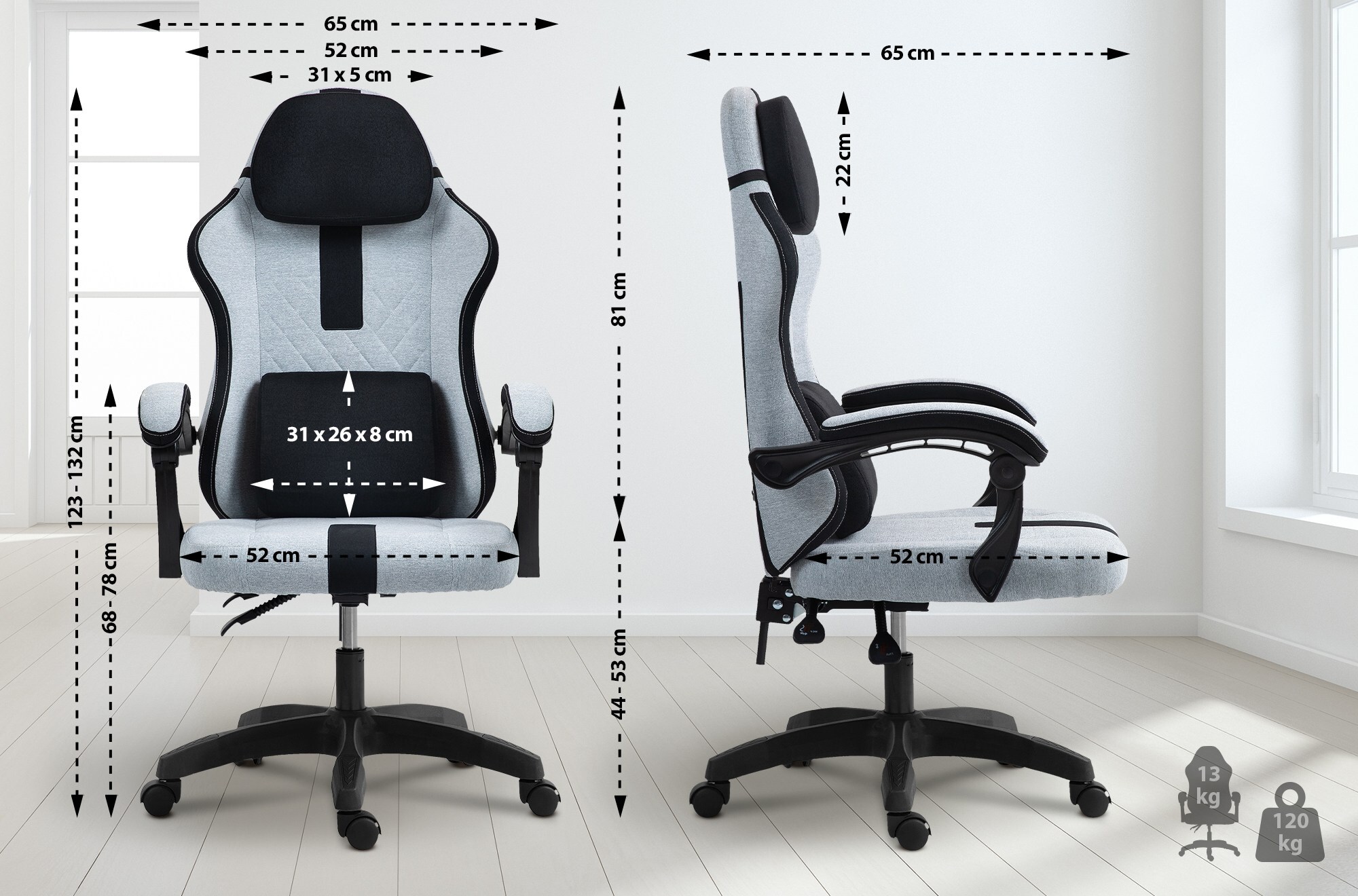 CLP Bürostuhl Miltona mit Stoffbezug I Schreibtischstuhl ergonomisch I Höhenverstellbarer Gamingstuhl mit Kopfpolster und Lendenwirbelpolster