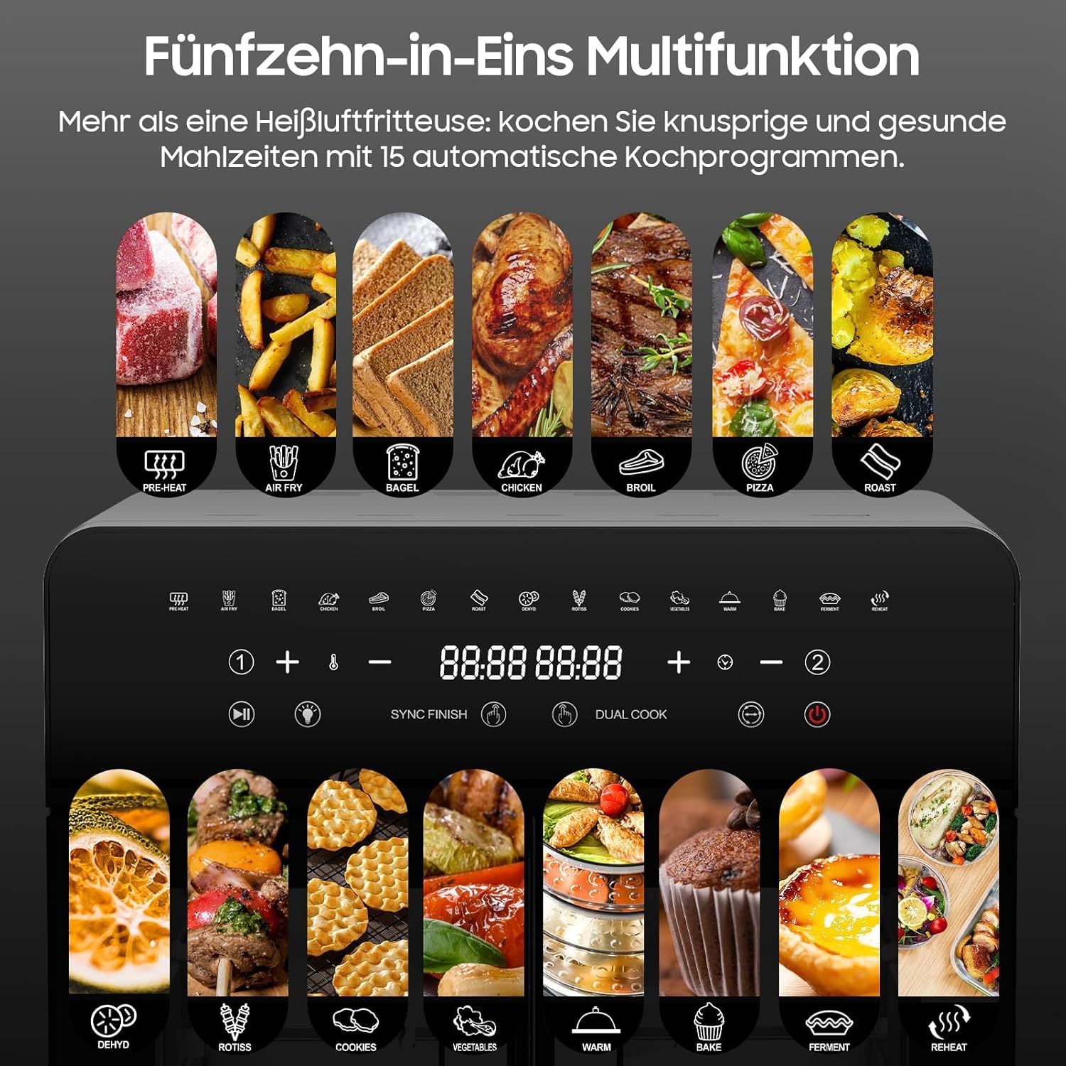 Heißluftfritteuse 23L Dual Zone - XXL Airfryer mit French Door | Heissluftfritteuse Ofen mit Doppelkammer, 15 Programme, 2200W, 12 Zubehör, Herausnehmbarem Trenner für Kochraum, 50-200℃