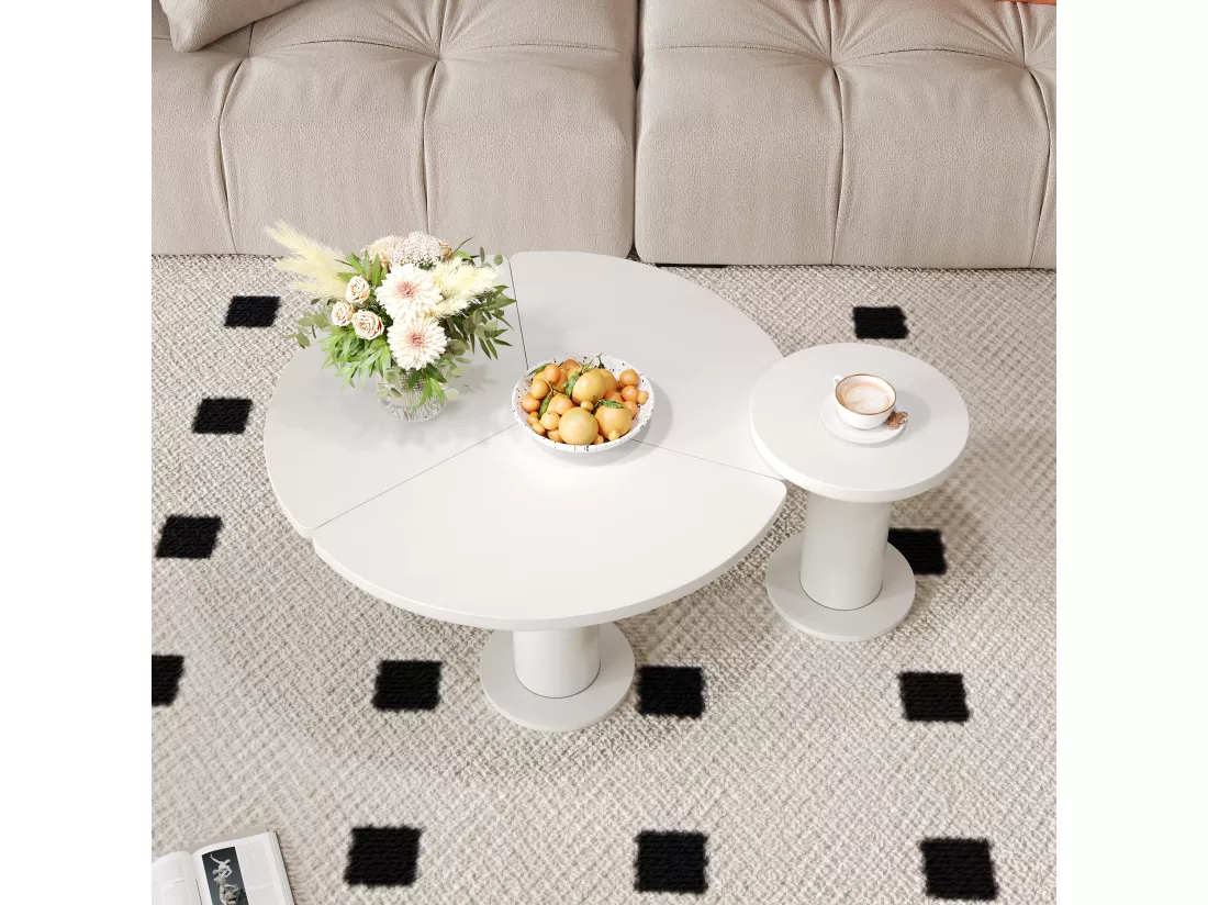 Lot de 2 tables basses rondes - D 100 x H 40 cm + D 39.8 x H 42.2 cm - Bois MDF - Blanc