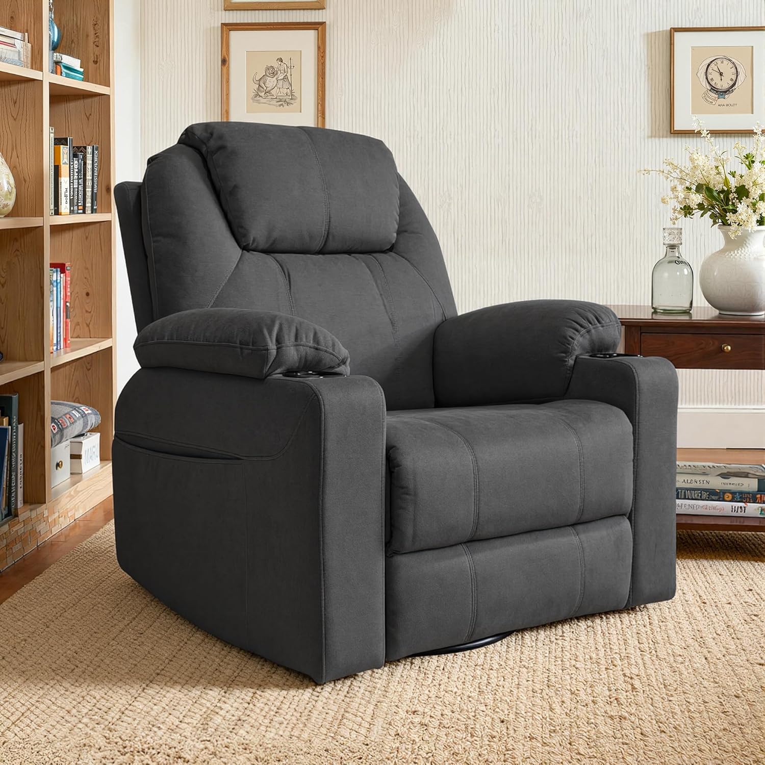 Liegesessel mit 360° Schwenk- und Wippfunktion, Fauteuil TV réglable manuellement, geeignet für Wohnzimmer als Relaxsessel und Kinderbetreuungssessel, Dunkelgrau