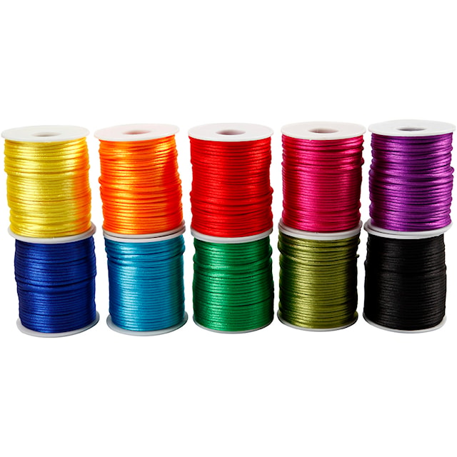 Satengsnor, tykkelse 2 mm, sterke farger, 10x50 m/ 1 pk.