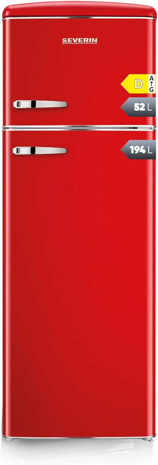 SEVERIN Retro Kühl- & Gefrierkombination, Kühlschrank im Retro-Design mit Chrom-Applikationen, Gefrierfach oben, LED-Beleuchtung, 1-7°C, 246 L Nettovolumen, nur 39 dB, rot, RKG 8983 [EEK D]