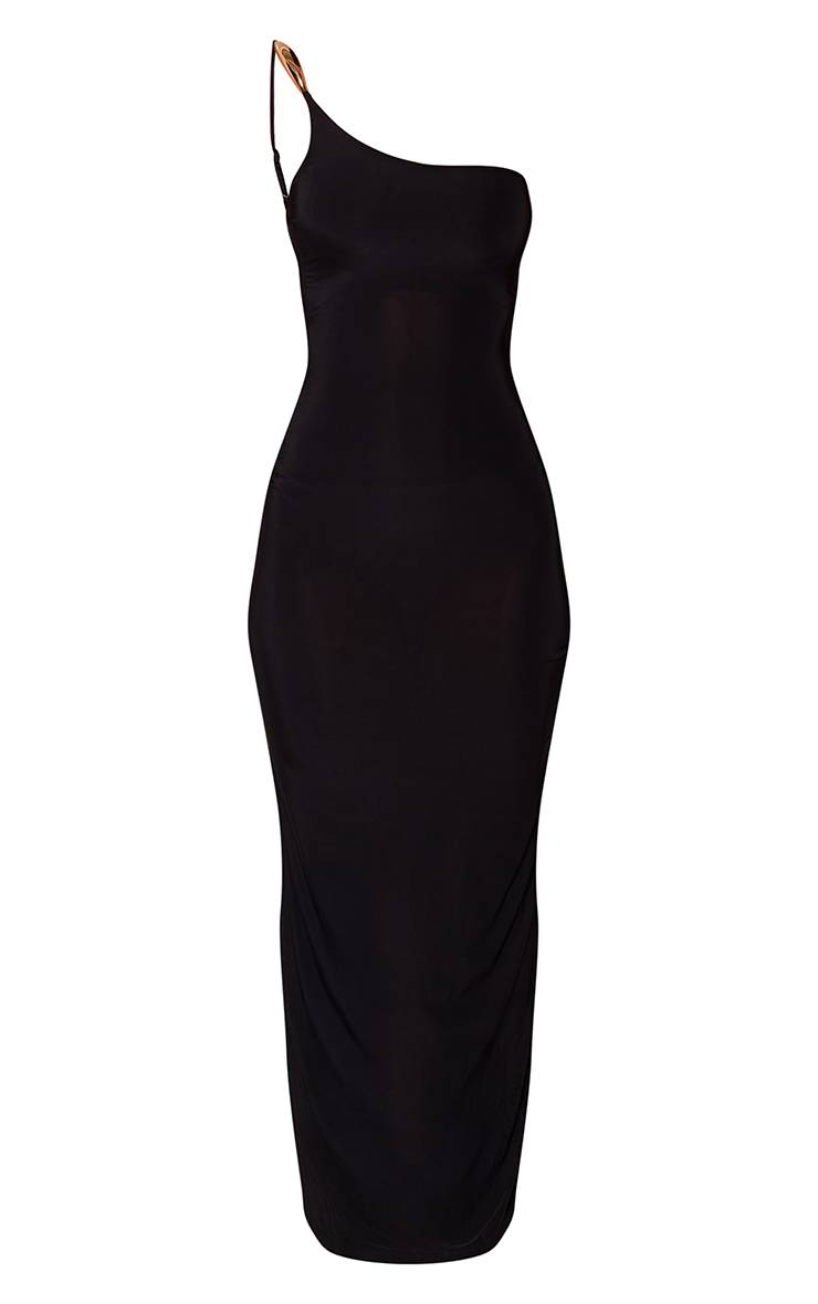 Noir Robe Maxi Moulante À Épaule Asymétrique Avec Finitions Dorées