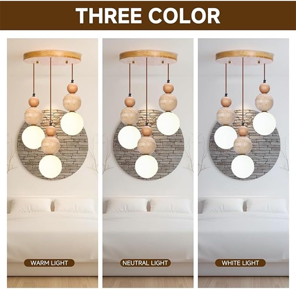Wabi Sabi 3-Licht Pendelleuchte Travertin Stein Einbau Japandi Japanischer Nordischer Stil Sphärische Holz Kronleuchter Für Kücheninseln Esszimmer Wohnzimmer(A)