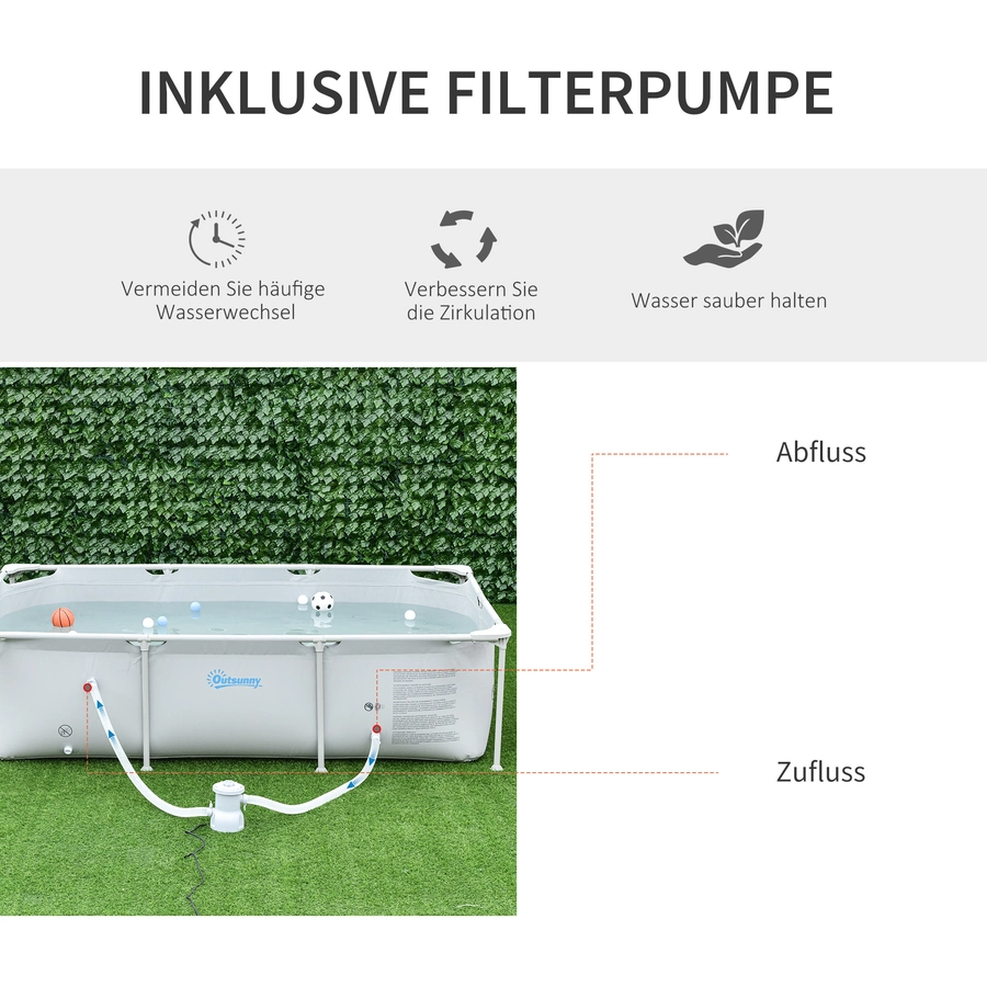 Outsunny Swimmingpool mit Filterpumpe und Filterpatrone, Rost- und korrosionsbeständig grau