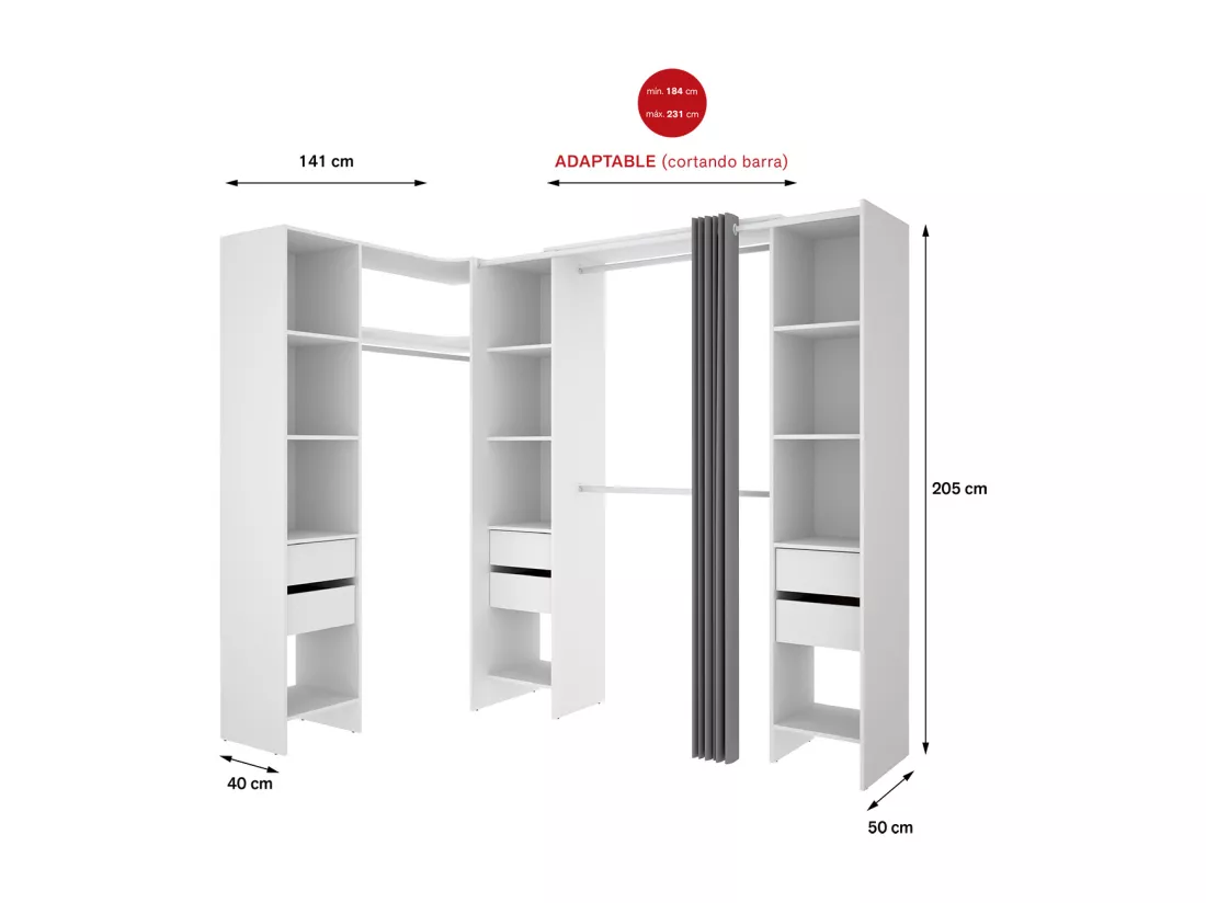 Kit armoire dressing d'angle extensible en bois mélaminé blanc - Longueur 164-234 x Profondeur 141 x Hauteur 205 cm