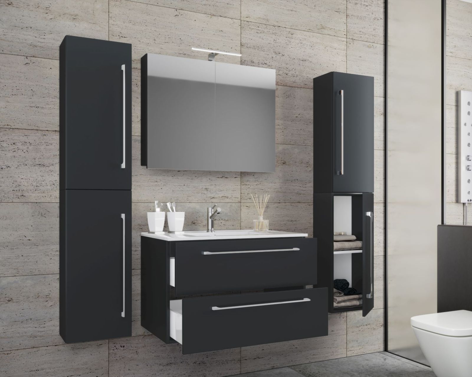 5-teiliges Badmöbel-Set BADINOS 2 - schwarz - Waschbecken - mit Spiegelschrank