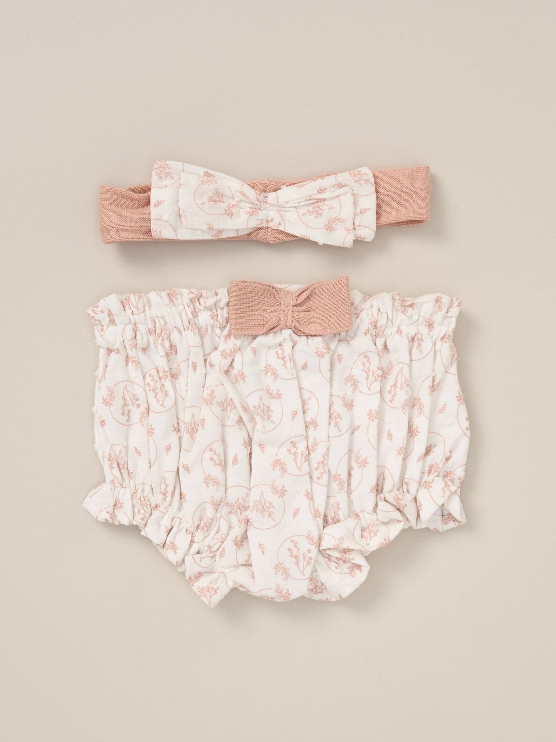 Rock-A-Bye Baby Boutique Pink Cardigan Woven Dobby Shorts Headband and Tights Outfit Set