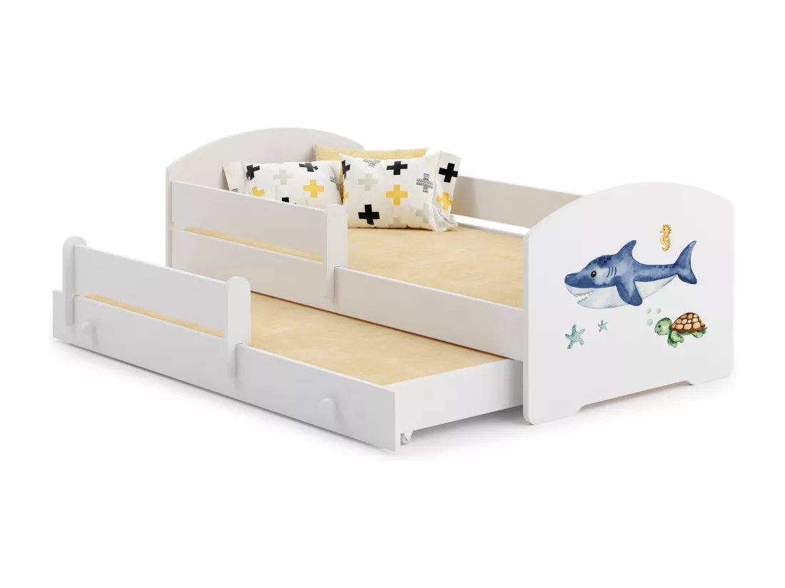 Lit gigogne enfant blanc LOU - Requin et tortue - 2 x 160 cm x 80 cm