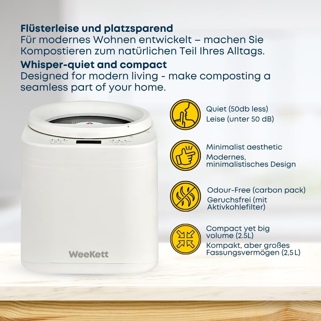 Elektrisch Komposter für Lebensmittelabfälle – Effiziente Reduzierung von Küchenabfällen mit Schnellkompost- und Gärmodus – reduziert das Abfallvolumen um 90%, geruchsfrei, kompakt und leise