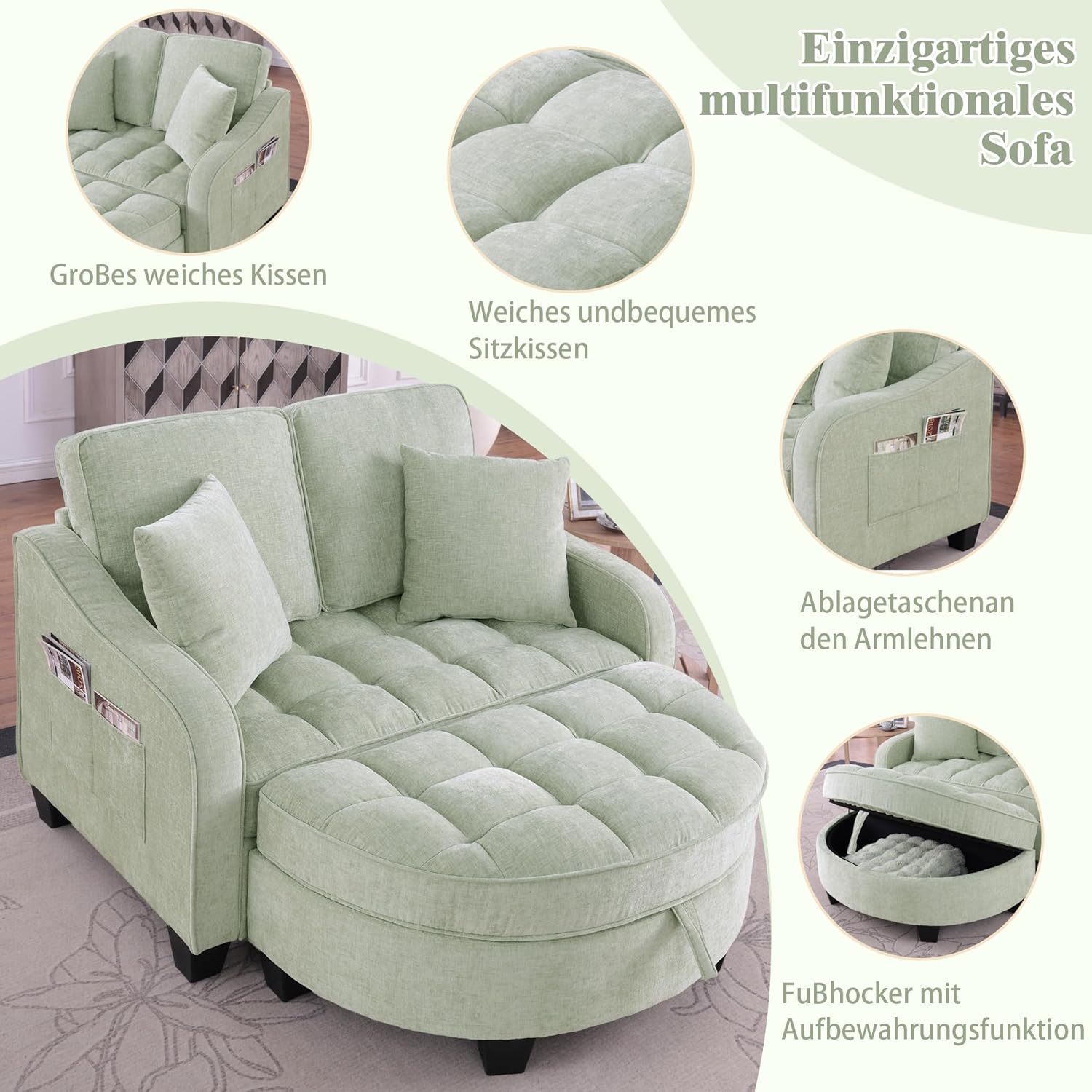 Sofa mit Schlaffunktion, 2-in-1 Schlafsofa, Modulares Sofa, Aufbewahrungs-Hocker & 4 Kisse, für Kleine Wohnzimmer, Studienzimmer, Schlafzimmer, 132×129×93cm (Cyan)