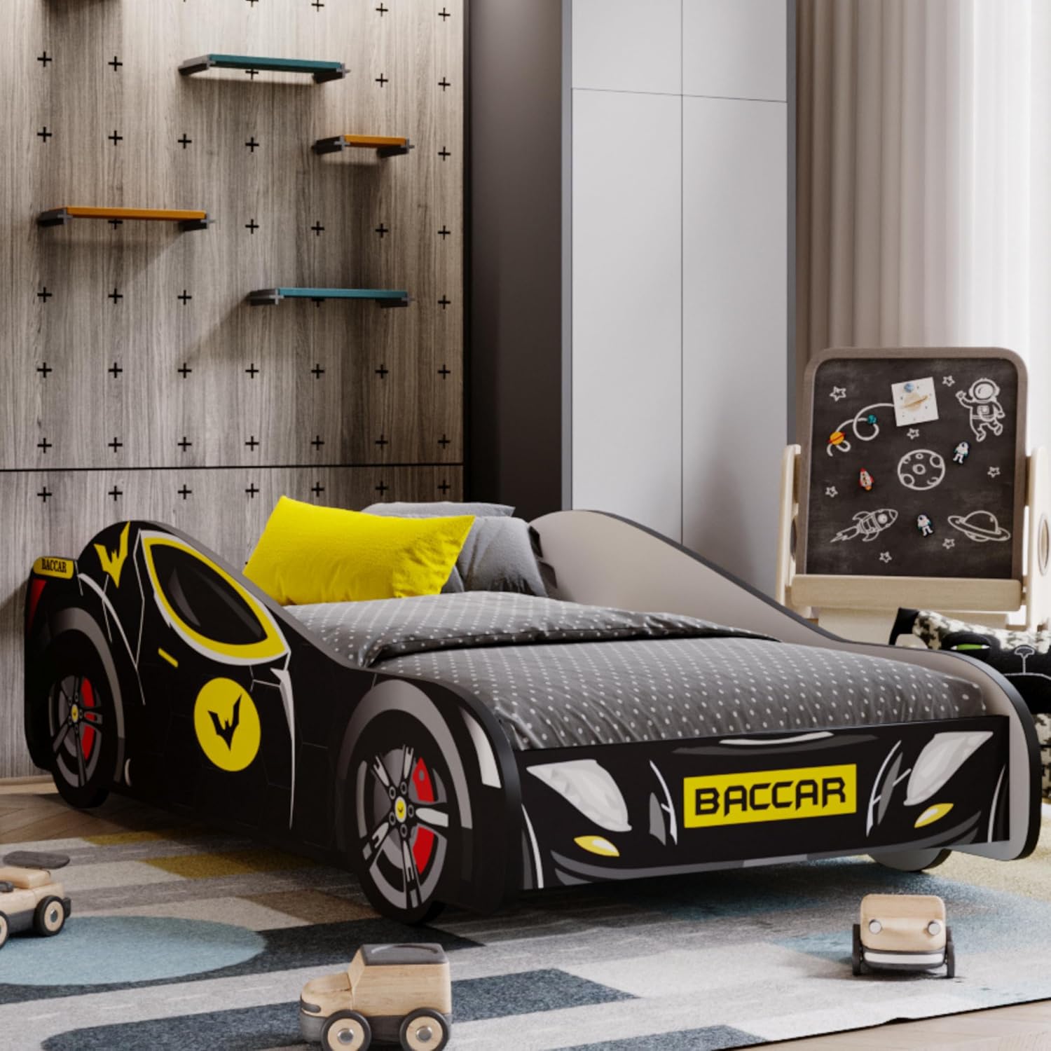KOBI | BATCAR Kinderbett | Superheld | Für das Kinderzimmer | Autobett für Jungen | Set mit Matratze und Gestell (160x80)