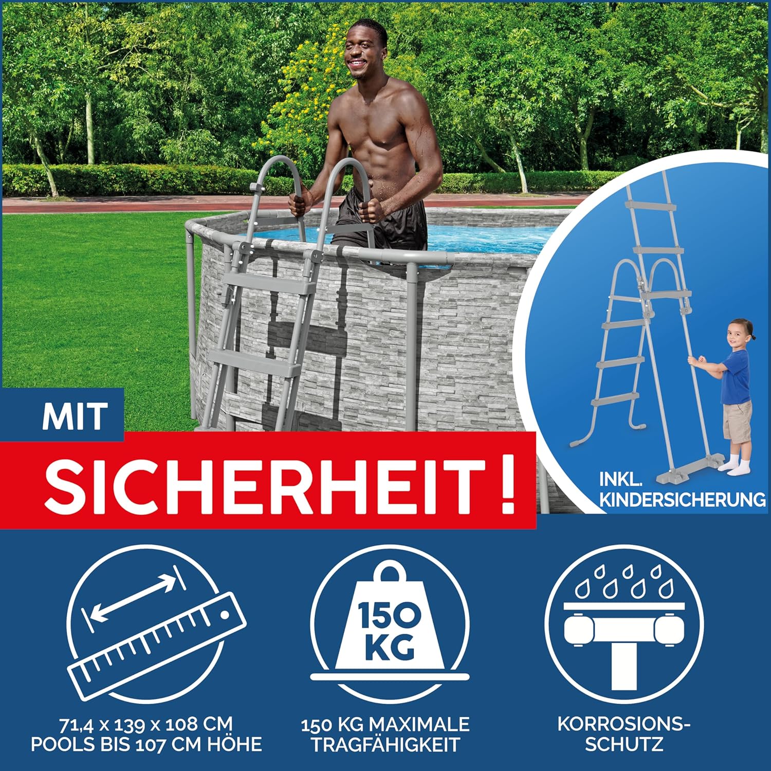 Bestway Power Steel Swim Vista Series Frame Pool Komplett-Set mit Sandfilteranlage 488 x 305 x 107 cm, Steinwand-Optik (Cremegrau), oval