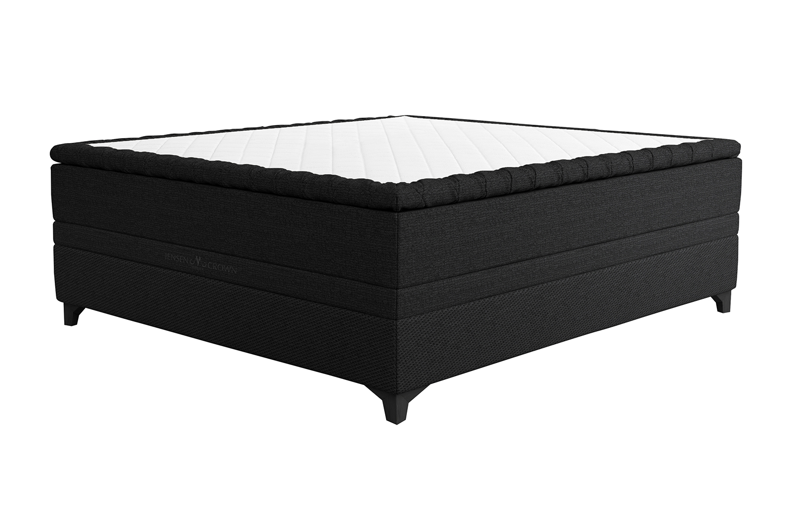 Majestic Crown kontinentalseng Tekstil 010/011 antrasitt. 180x200 cm med Majestic overmadrass og Exact funksjon. Medium/Fast. Eicon ben sort. Uten hodegavl