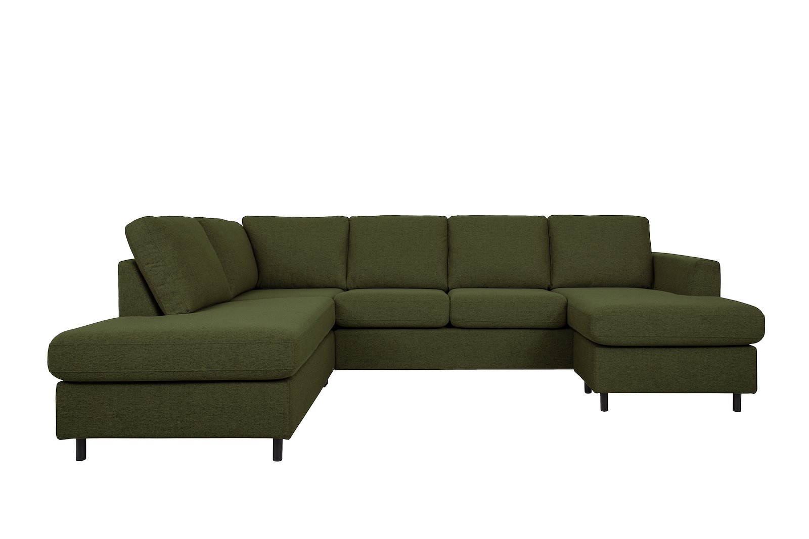 Oslo Plus U-sofa Åpen ende venstre med 2-seter og sjeselong høyre. Tekstil Neve 39 Green med sorte ben