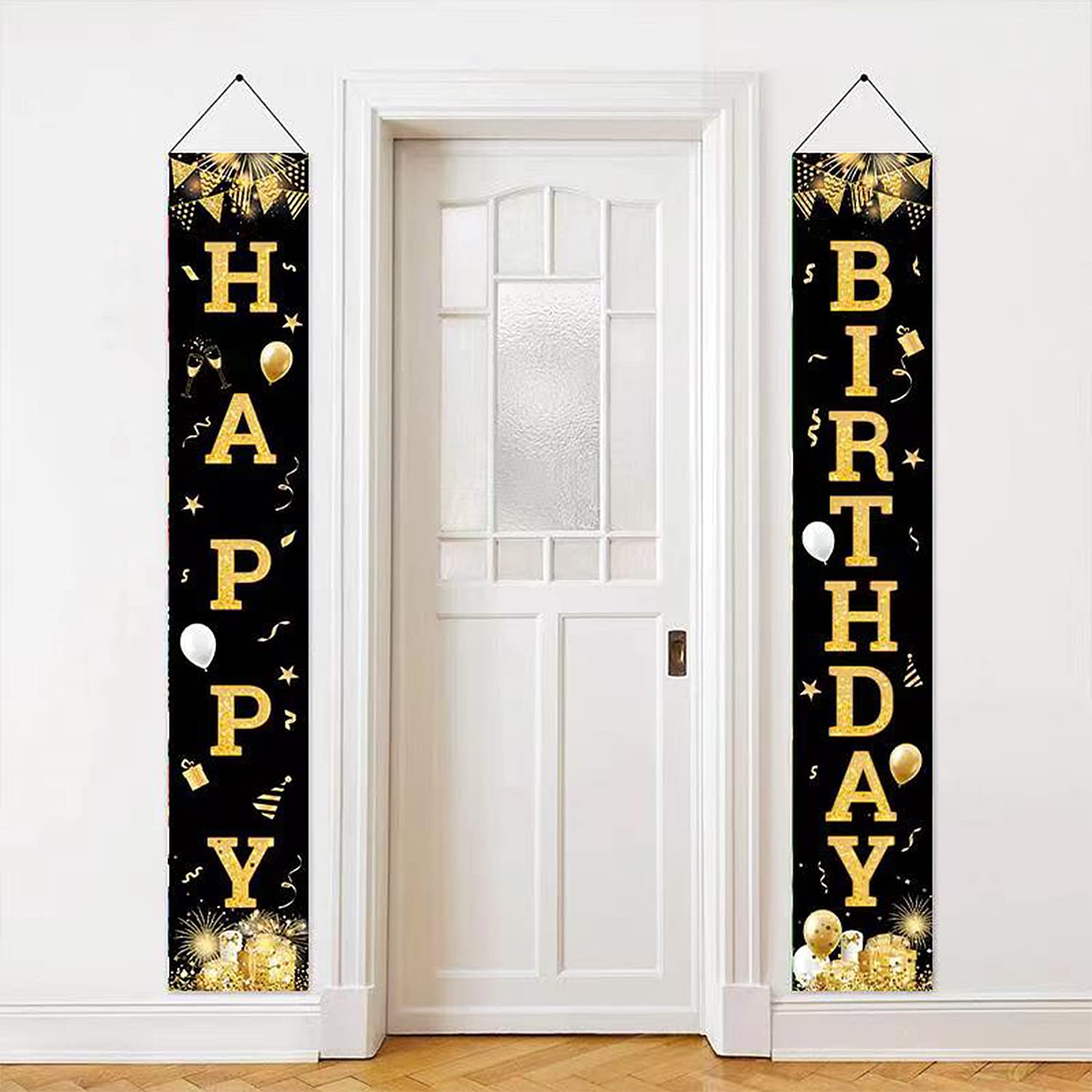 (2er Set) 195x34cm Happy Birthday Wand Banner Geburtstags Party Deko Accessoire - Schwarz / Gold