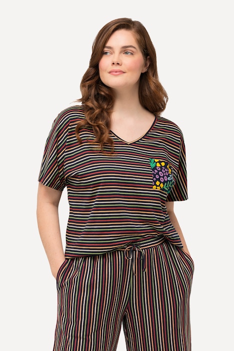 Schlafanzug-Shirt, Streifen, V-Ausschnitt, Halbarm