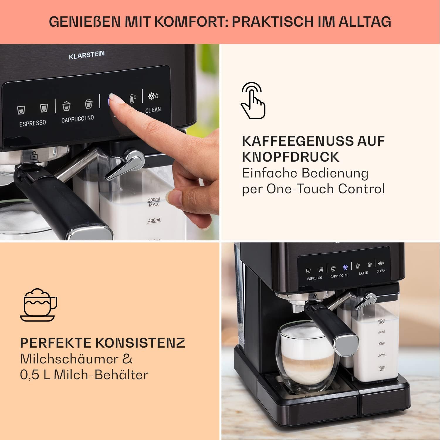 Klarstein Espresso Siebträgermaschine mit Milchaufschäumer, 1,8L Mini-Espressomaschine mit Siebträger, 20 Bar Edelstahl-Kaffeemaschine Klein, 0,5L Milchtank, 1350W, für Gemahlenen Kaffee