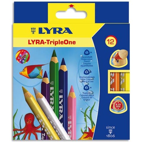 Crayon couleur lyra triple one 3en1 triangulaire aquarellable 120mm craie grasse mine 6.25mm diamètre étui carton 12u