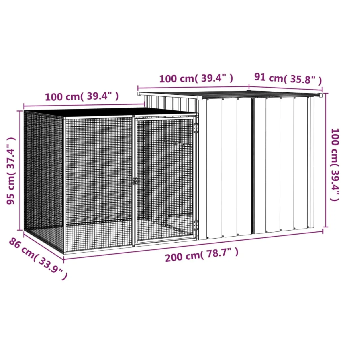 vidaXL Clapier Anthracite 200x91x100 cm Galvanisé