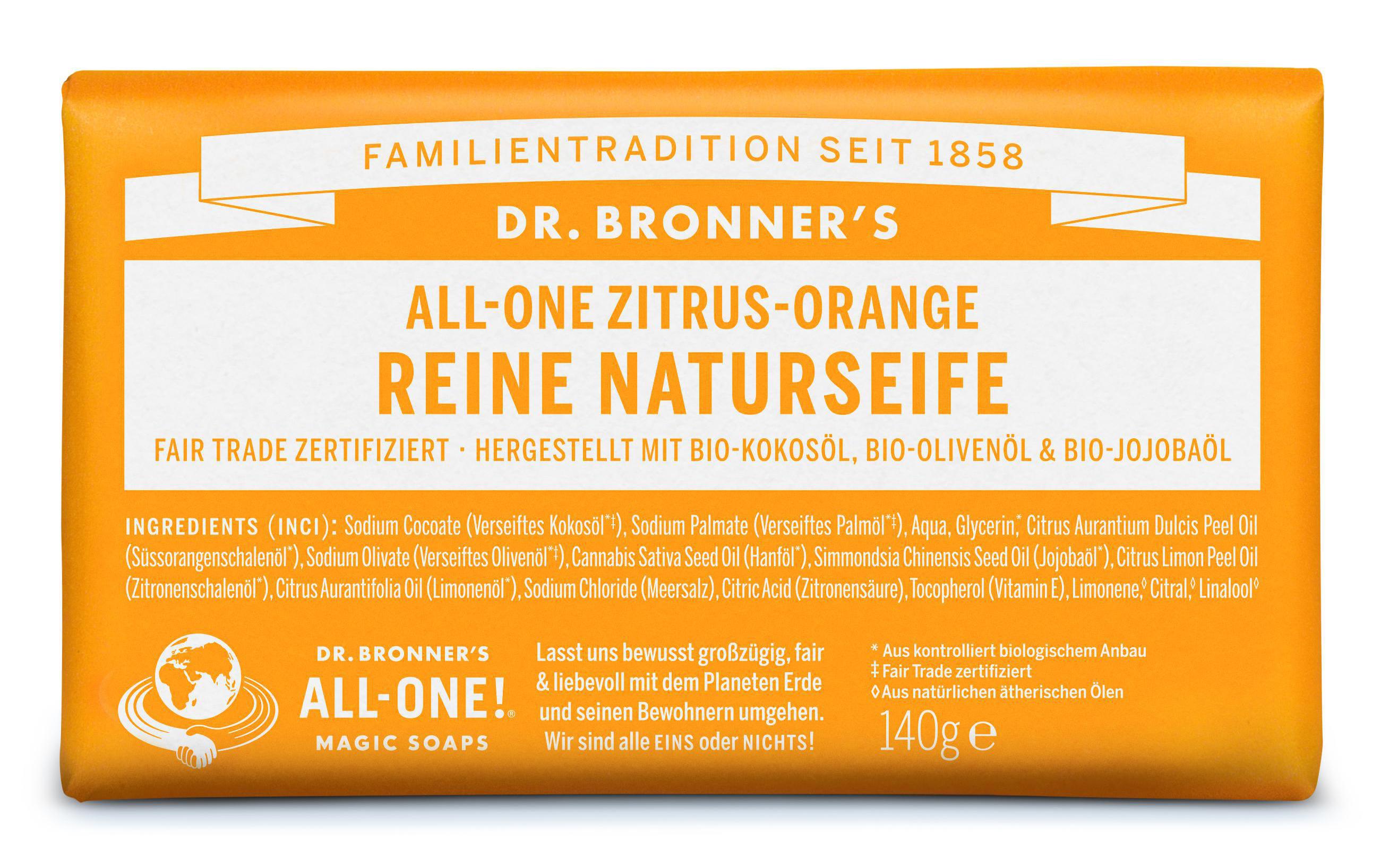 Seife All-One Citrus Orange 140 gNatürliche Fair Trade Pflegeseife mit Bio Kokosnussöl und feinem ätherischen Zitronenöl
