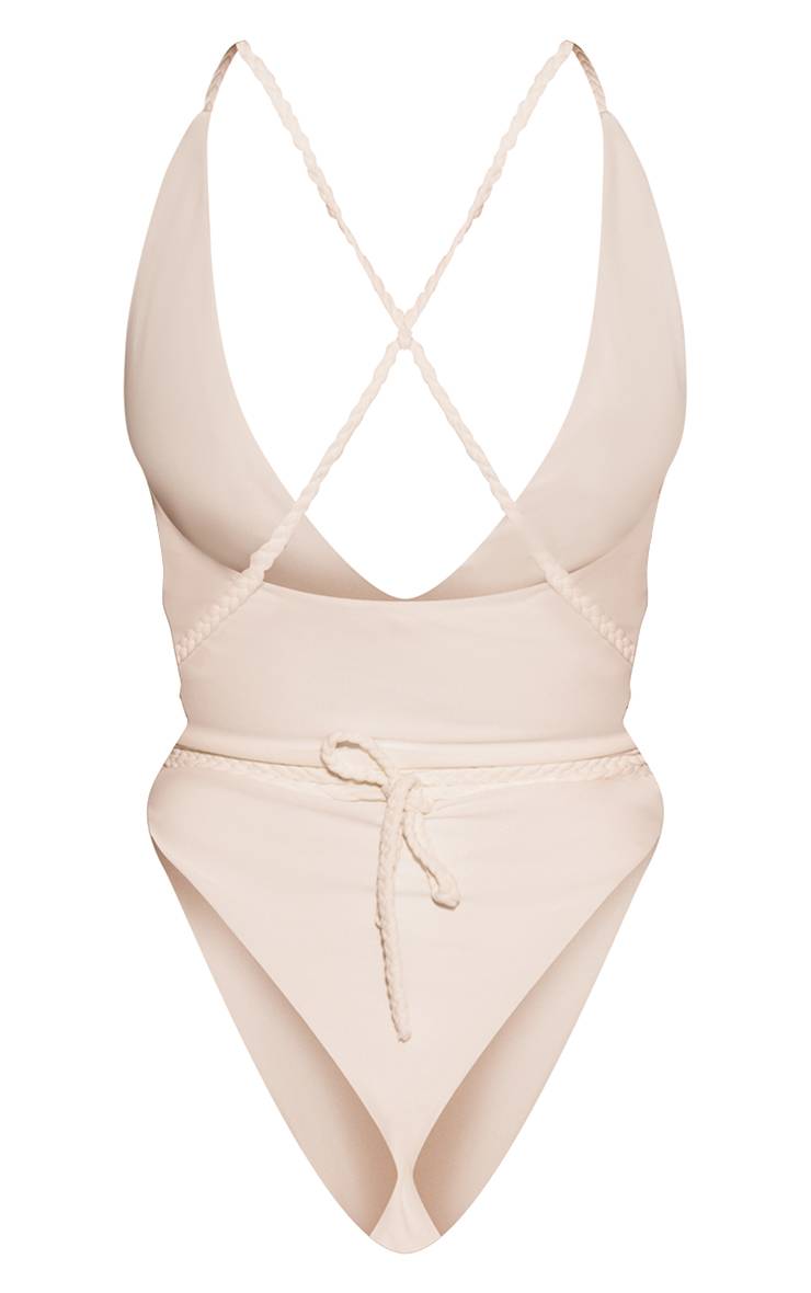 Blanc Maillot De Bain Échancré À Décolleté Plongeant Et Bretelles Tressées