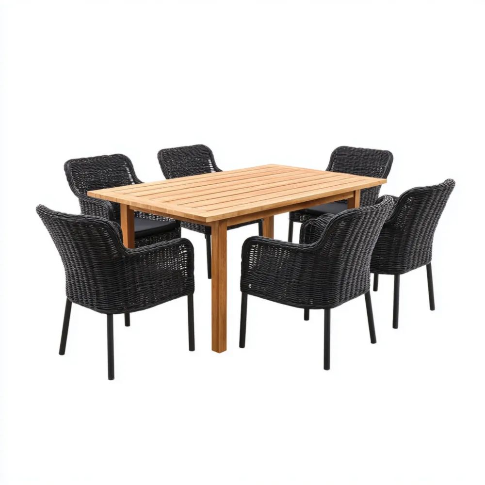 Garten-Essgruppe aus Holz und Rattan - 150x90x75 cm - 6 Stühle - Schwa