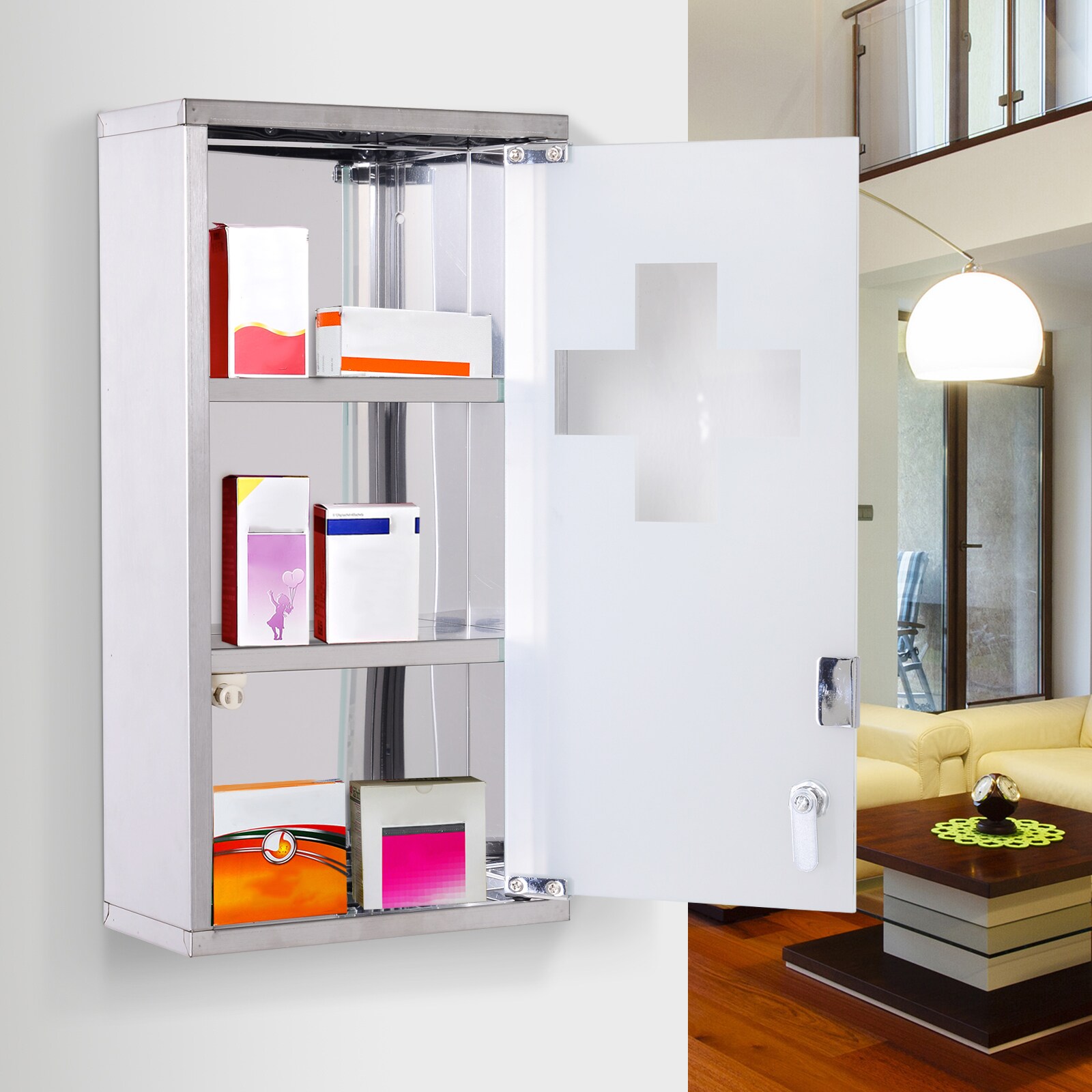 HOMCOM Medikamentenschrank mit 3 Fächer silber 25 x 12 x 48 cm (LxBxH)