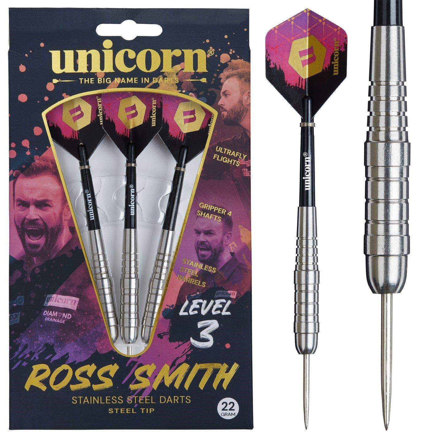 Unicorn Darts Steel Tip Darts Set | Level 3 | Ross 'Smudger' Smith | Natural Stainless Steel Barrels