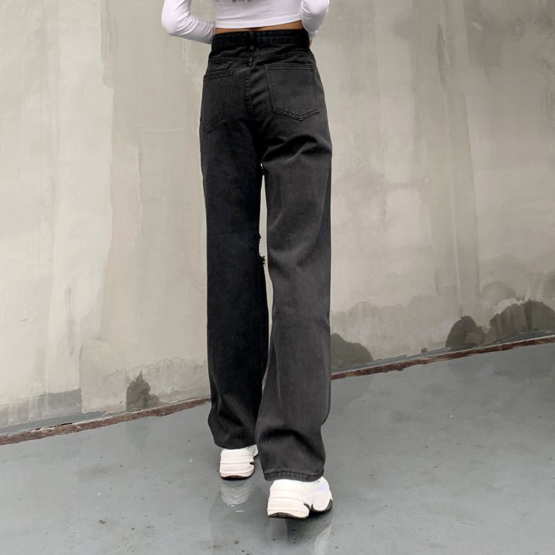 Genrovia - Hoge taille jeans met rechte pijpen en distressed look