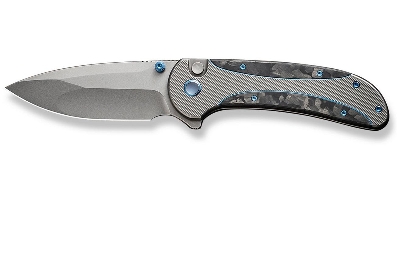 WE Knife Zizzit WE23031-3 Bead Blasted CPM 20CV, Polished Bead Blasted Titanium Handle Marble Carbon Fiber Inlay zakmes