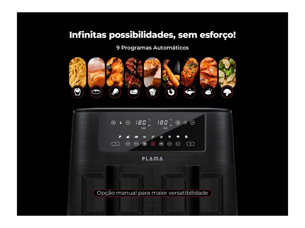 FRITADEIRA SEM ÓLEO AIR FRYER FLAMA 698FL PRETA 2 CUBAS 8L