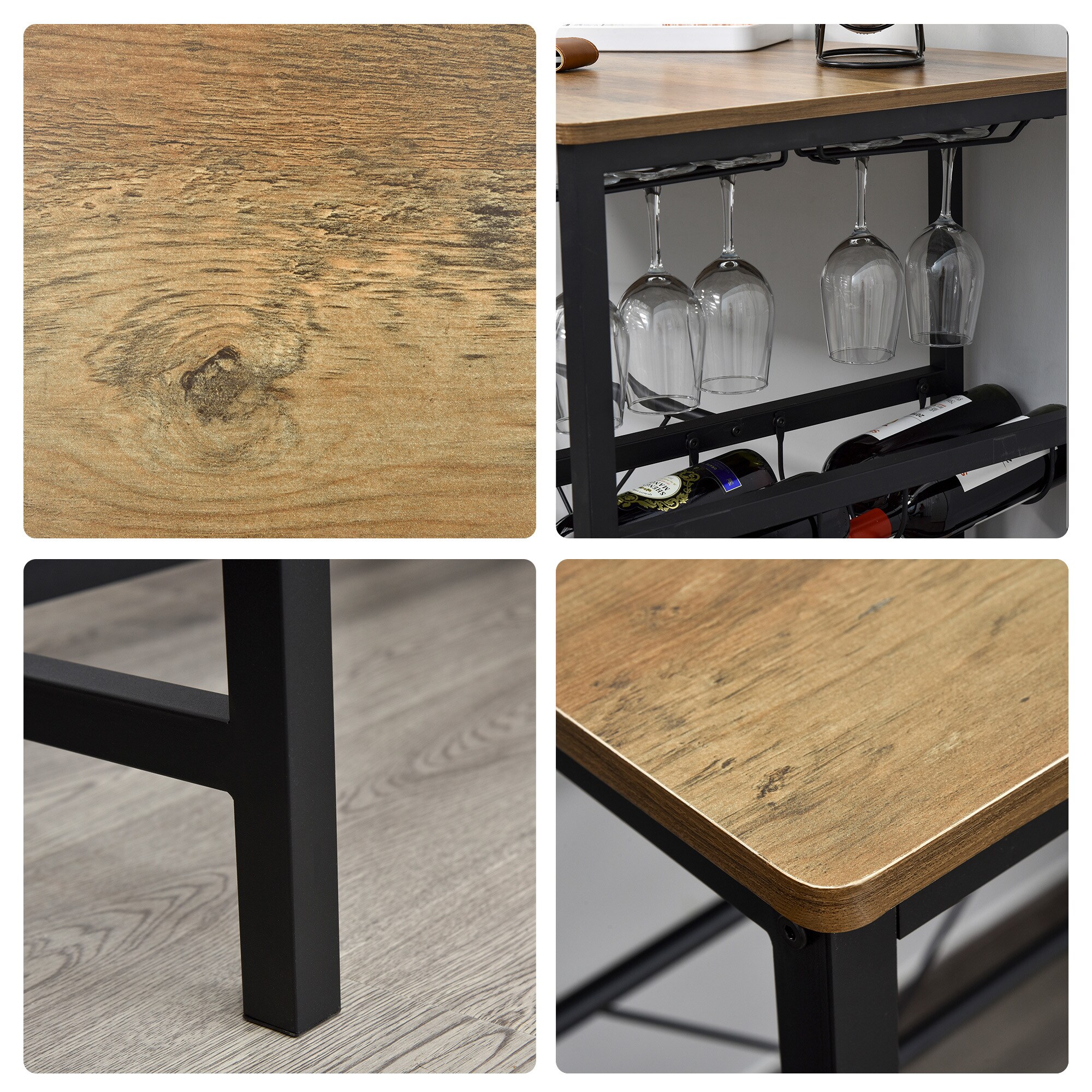 HOMCOM Bartisch-Set mit 2 Barhockern natur, schwarz