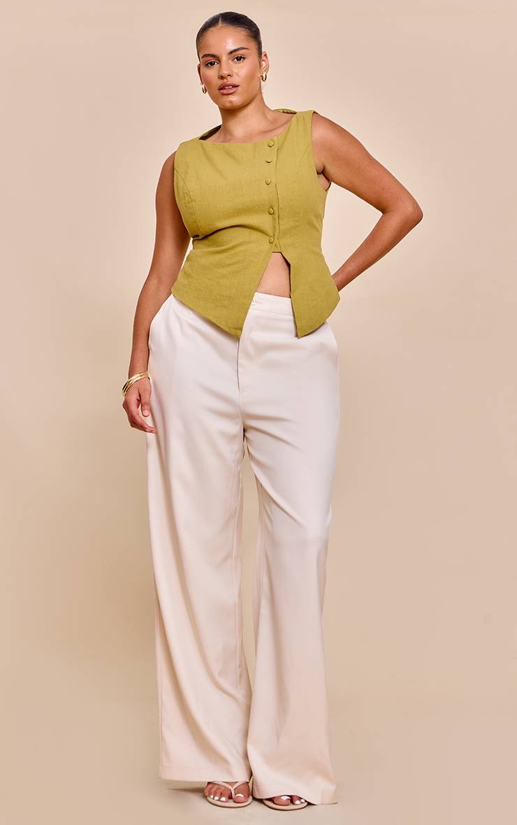 Vert Olive Gilet Sans Manches Grande Taille En Lin Premium Olive Asymétrique Avec Boutons