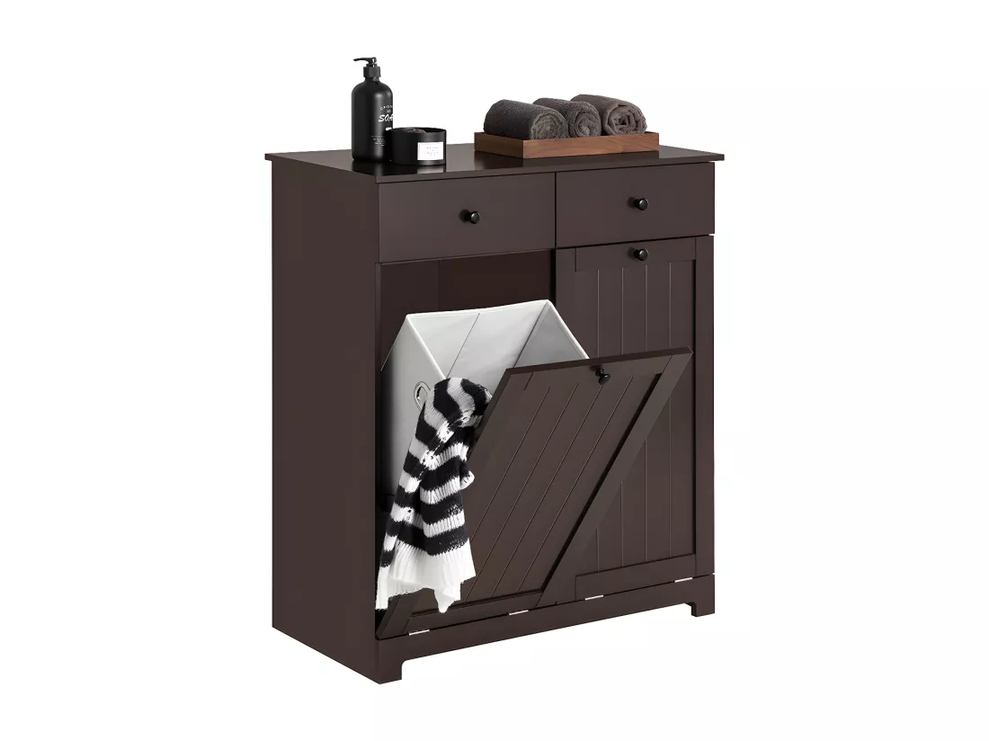 SoBuy Meuble Bas de Salle de Bain Armoire Toilette avec 2 Tiroirs et 2 Paniers à Linge Meuble de Rangement Coffre à Linge L78xP38xH91cm, Marron, BZR33-BR