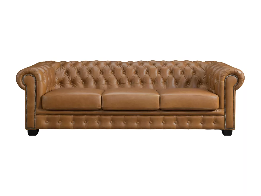 Canapé chesterfield 4 places BRENTON 100% cuir de buffle premium - Caramel vintage