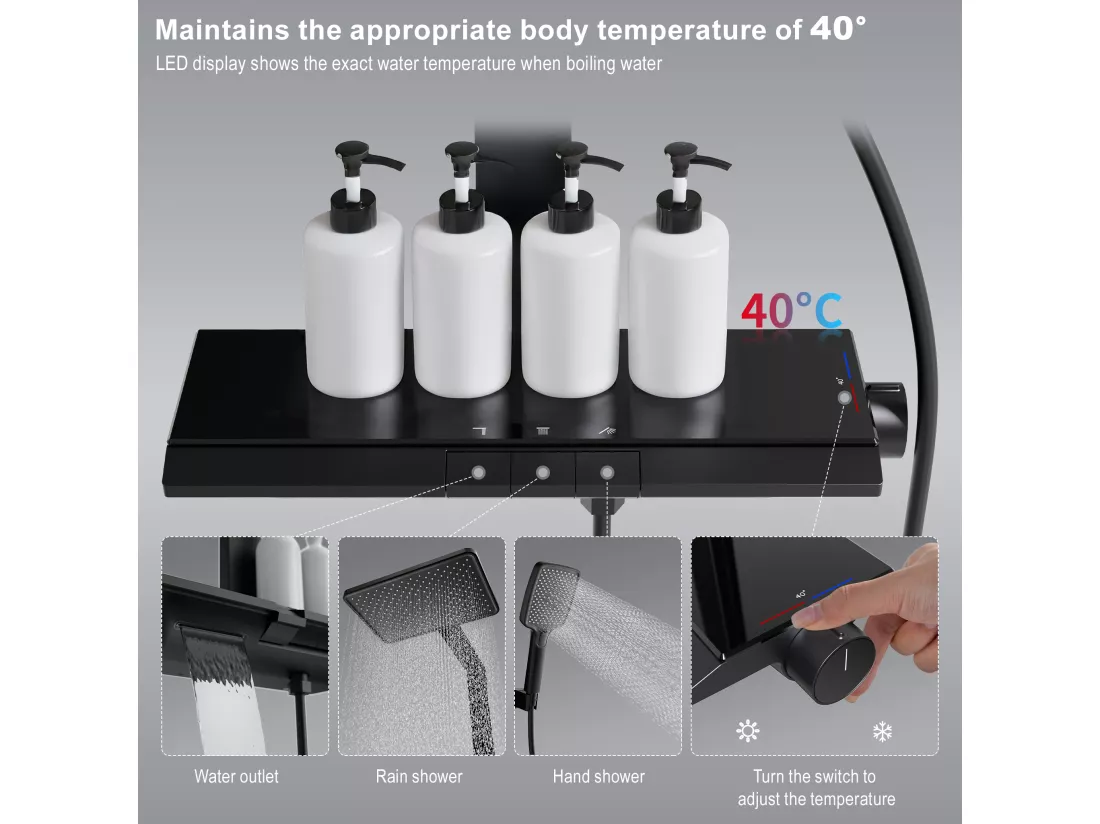 Colonne de Douche Thermostatique 40℃ avec plaque thermostatique de 40 cm Ensemble de Douche en Laiton douchette à main avec 4 intensités de jet