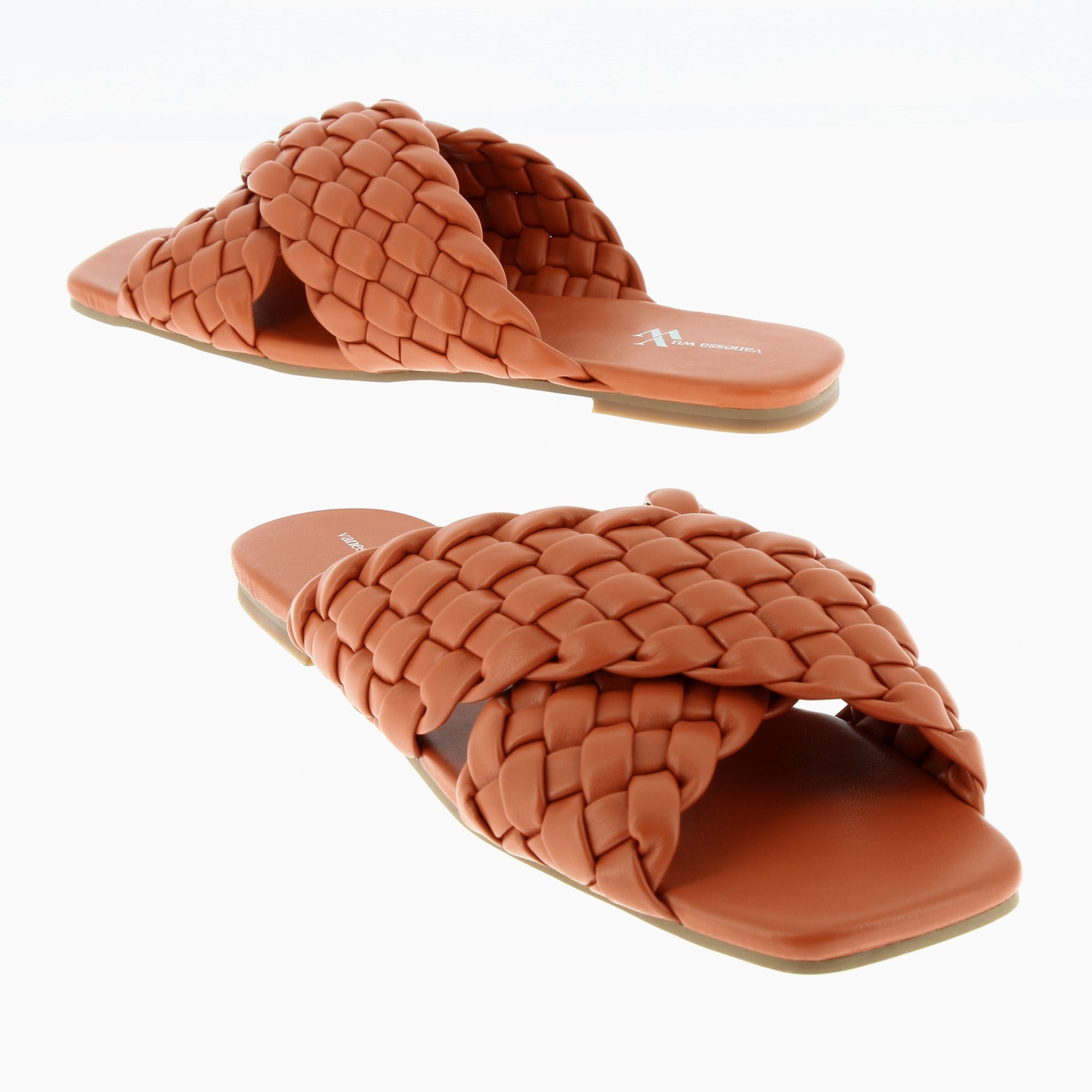 Sandales plates-Mules Lillianna brique à larges brides tressées croisées
