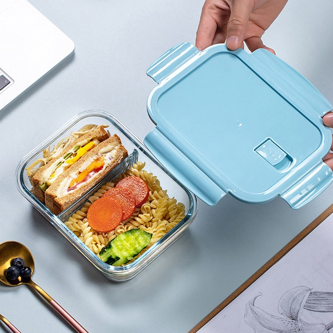 (1l) Glas Frischhalte Dose Auslaufsichere Lunch Box Aufbewahrungs Behälter mit 2 Fächern / Deckel - Blau