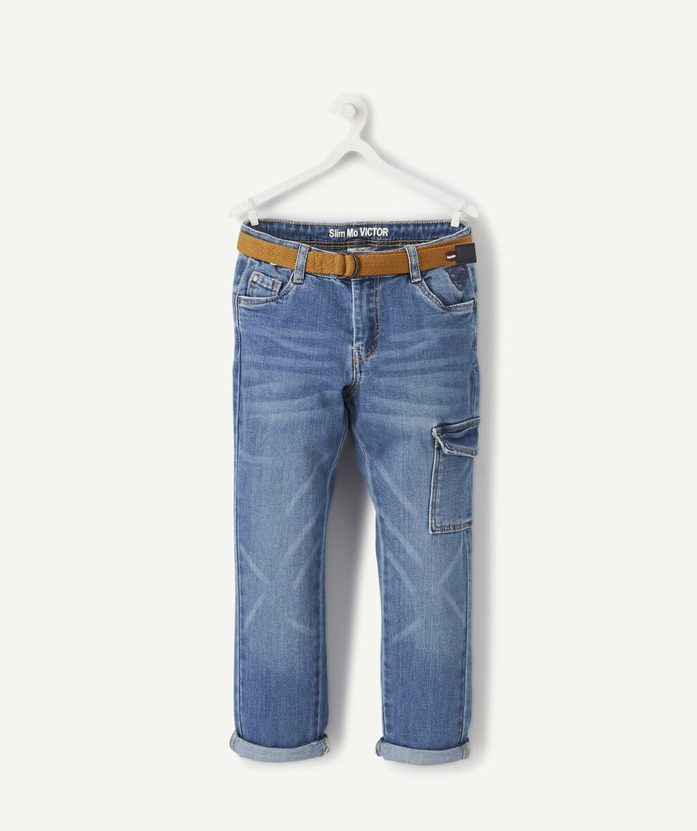 VICTOR LE JEAN SLIM BLEU EFFET DÉLAVÉ AVEC CEINTURE CAMEL TAILLE +