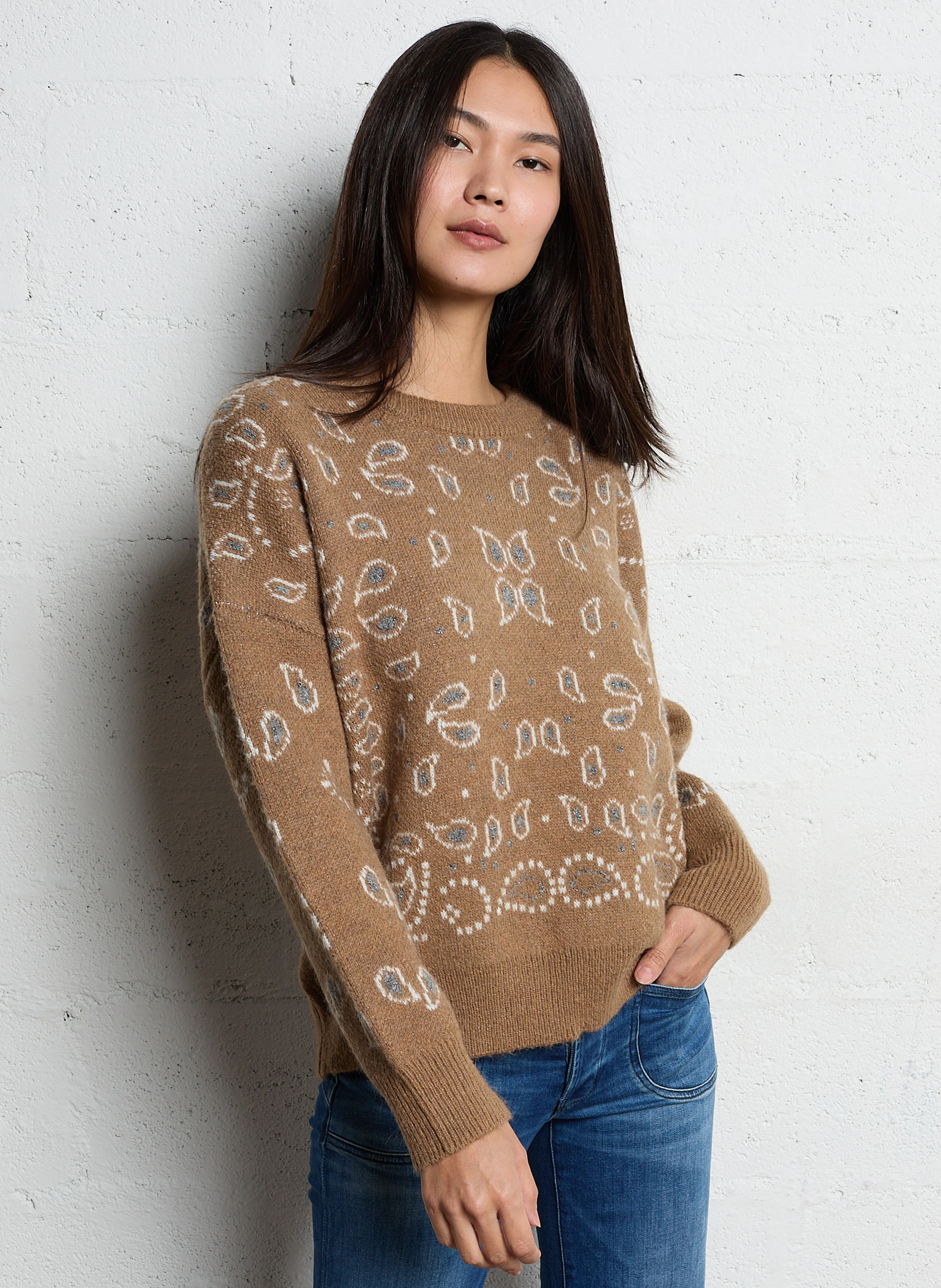 FARIT - Pull ample col rond en jacquard cachemire | Marron