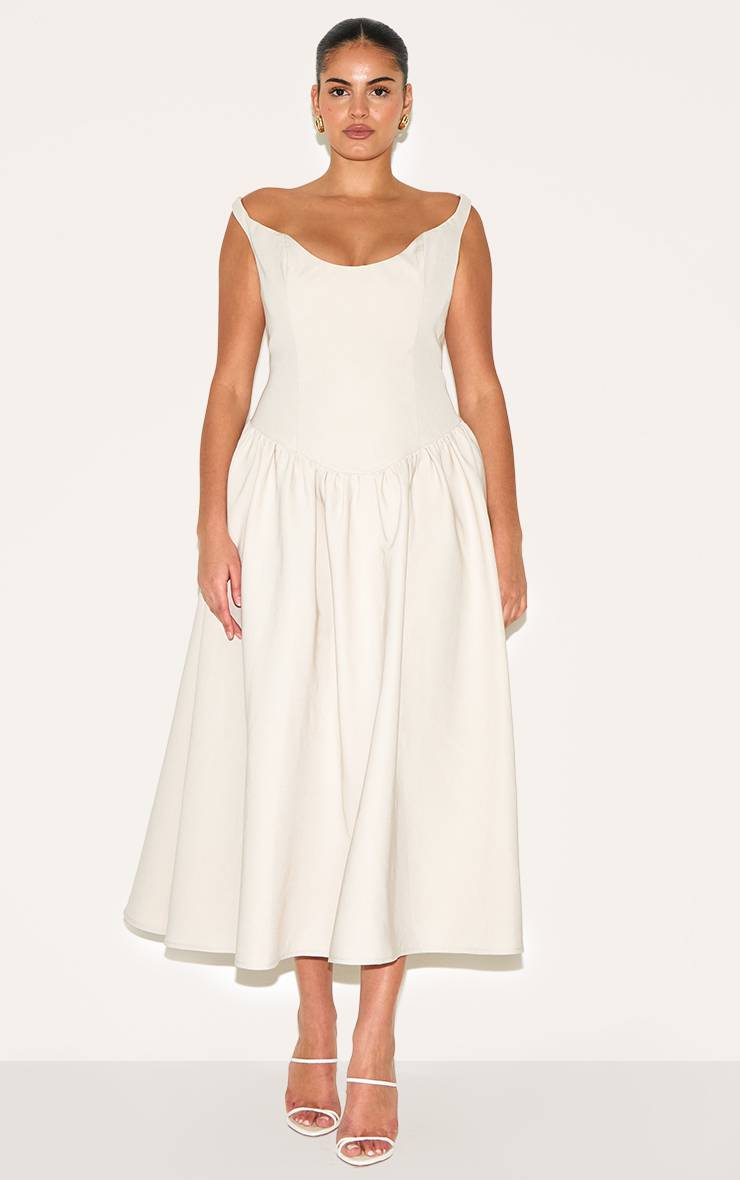 Crème Robe Mi-longue Grande Taille Tissée À Col Bardot Plongeant Et Froncé