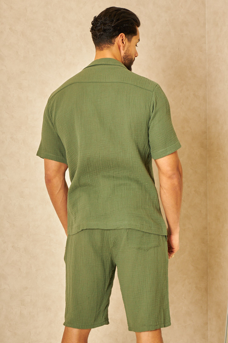 Ensemble 2 pièces chemise + short effet lin kaki