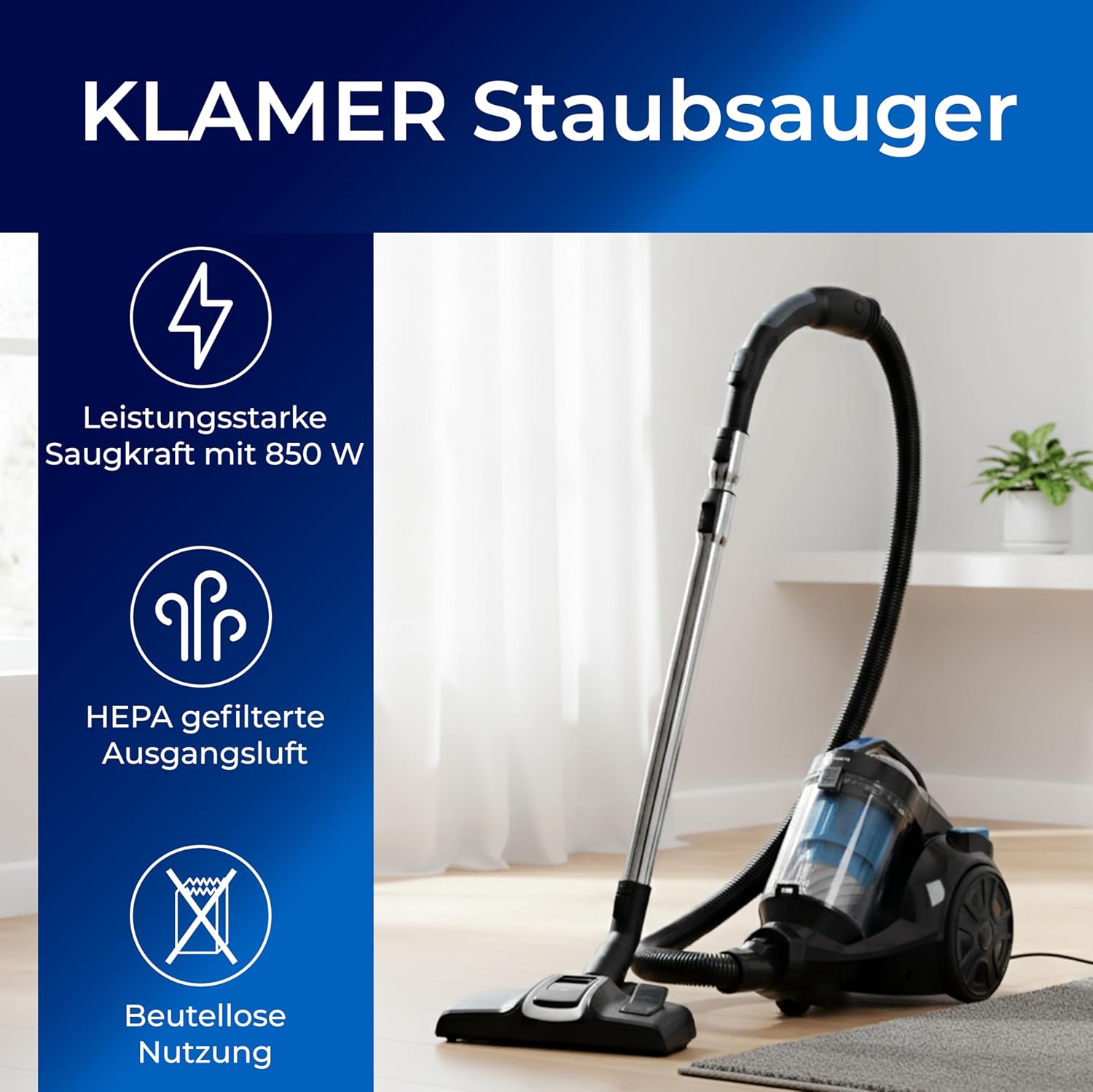 KLAMER Staubsauger Beutellos, Bodenstaubsauger ohne Beutel, Ideal für Haustierbesitzer gegen Tierhaare, 850 Watt, 9 m Aktionsradius, 3L Staubbehälter, Waschbarer Hygiene HEPA 12 Filter