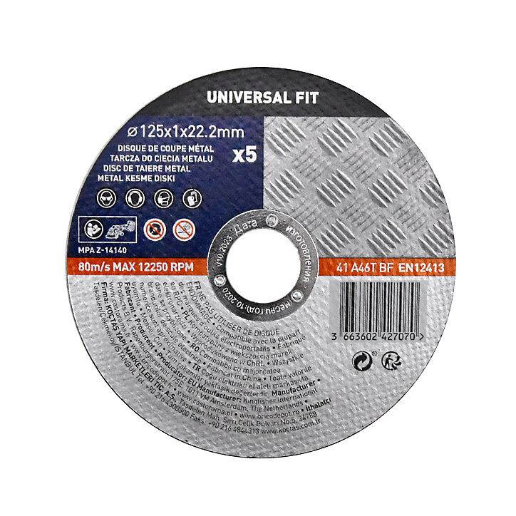 Disque de coupe métal 125x1x22,2 mm Universel fit, 5 pièces