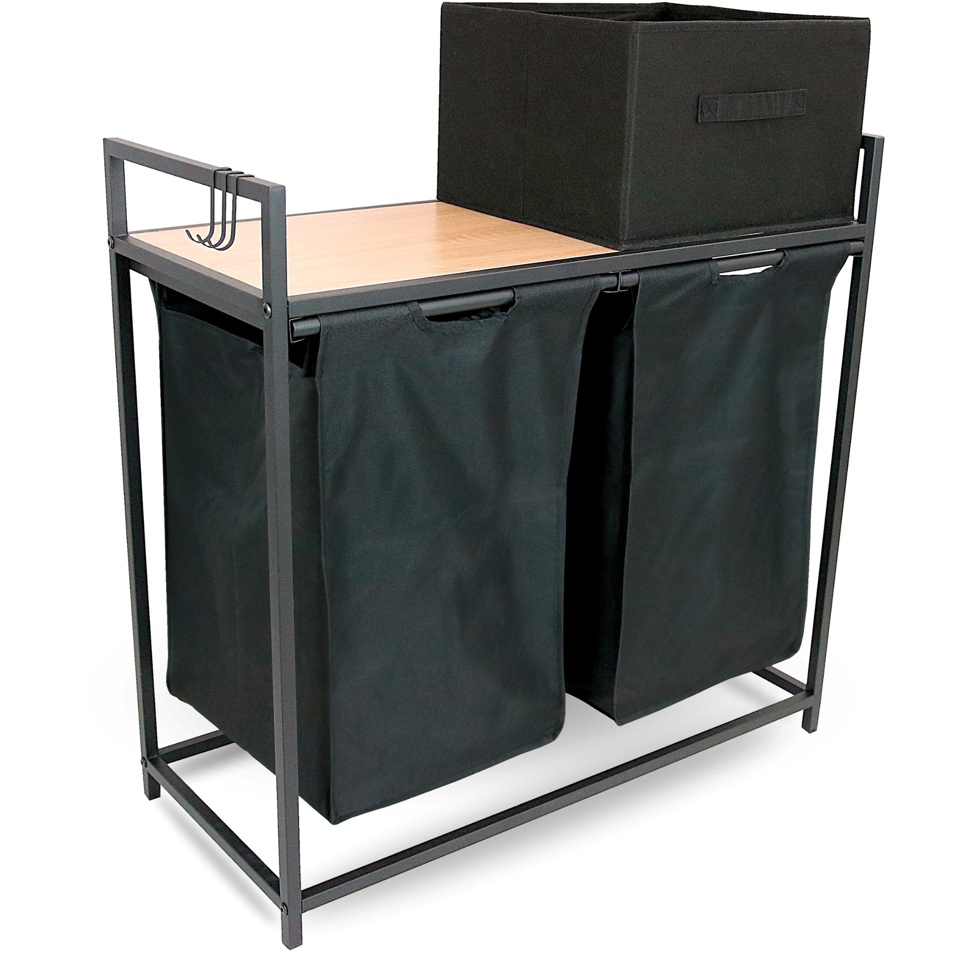 deluxe4home Wäschekorb mit 2 Fächern und Aufbewahrungsbox schwarz/Sonoma-Dekor braun