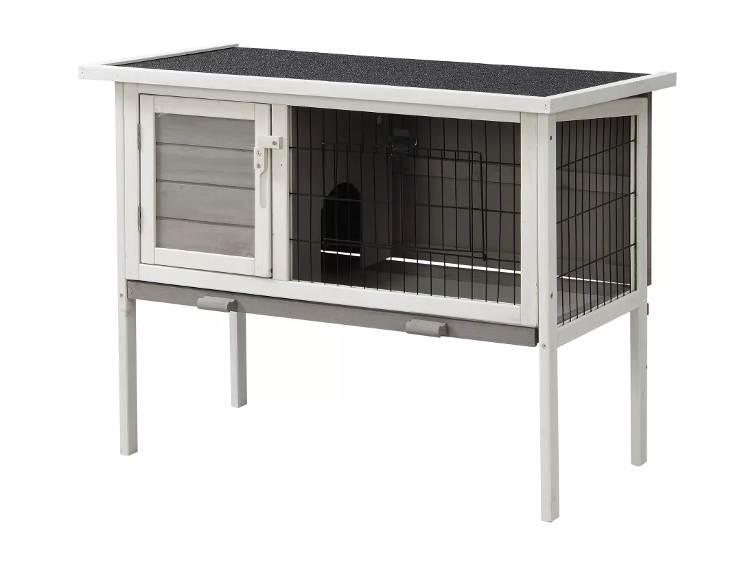 Clapier en bois sur pieds pour lapins et rongeurs - L. 91 x P. 45 x H. 70 cm - Blanc et gris - LAPIUS