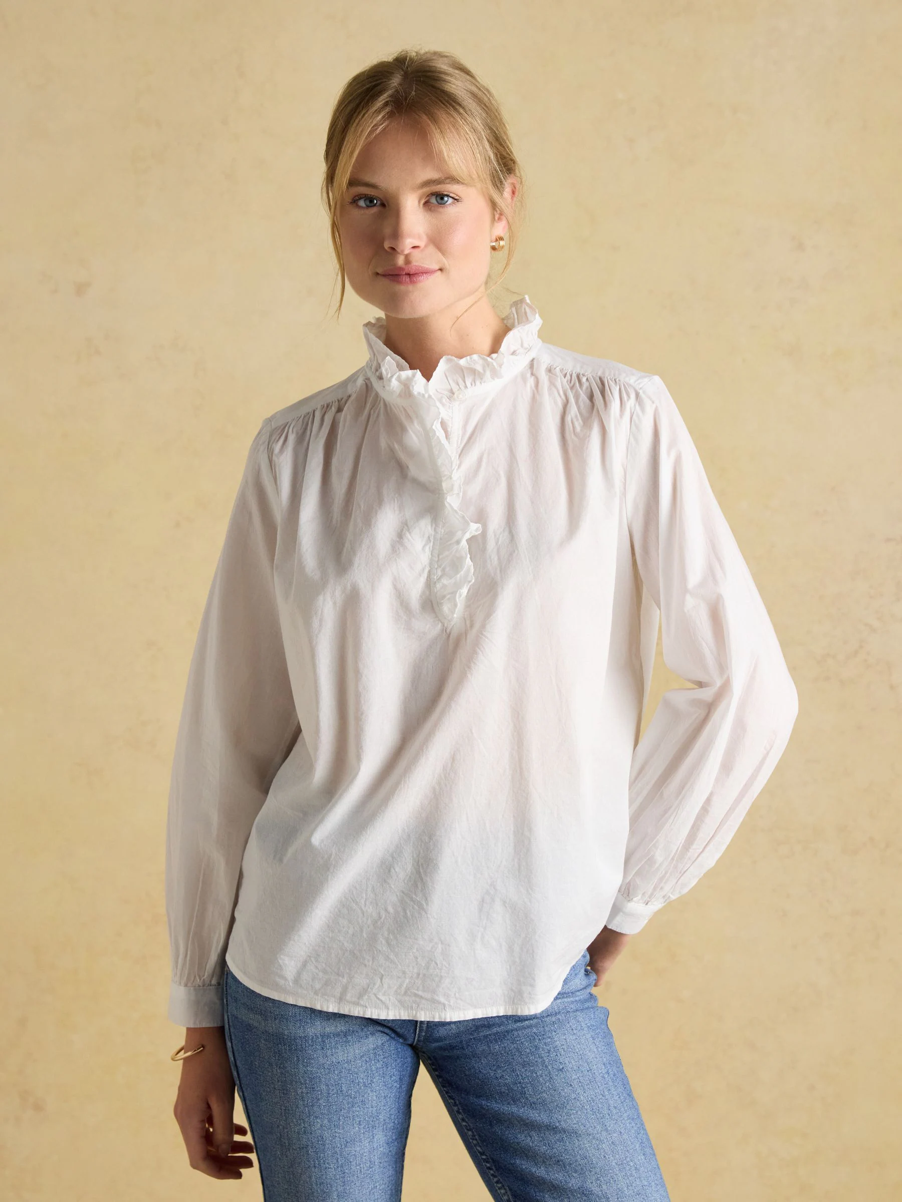 Wit - Joules Melanie blouse van katoen met ruche