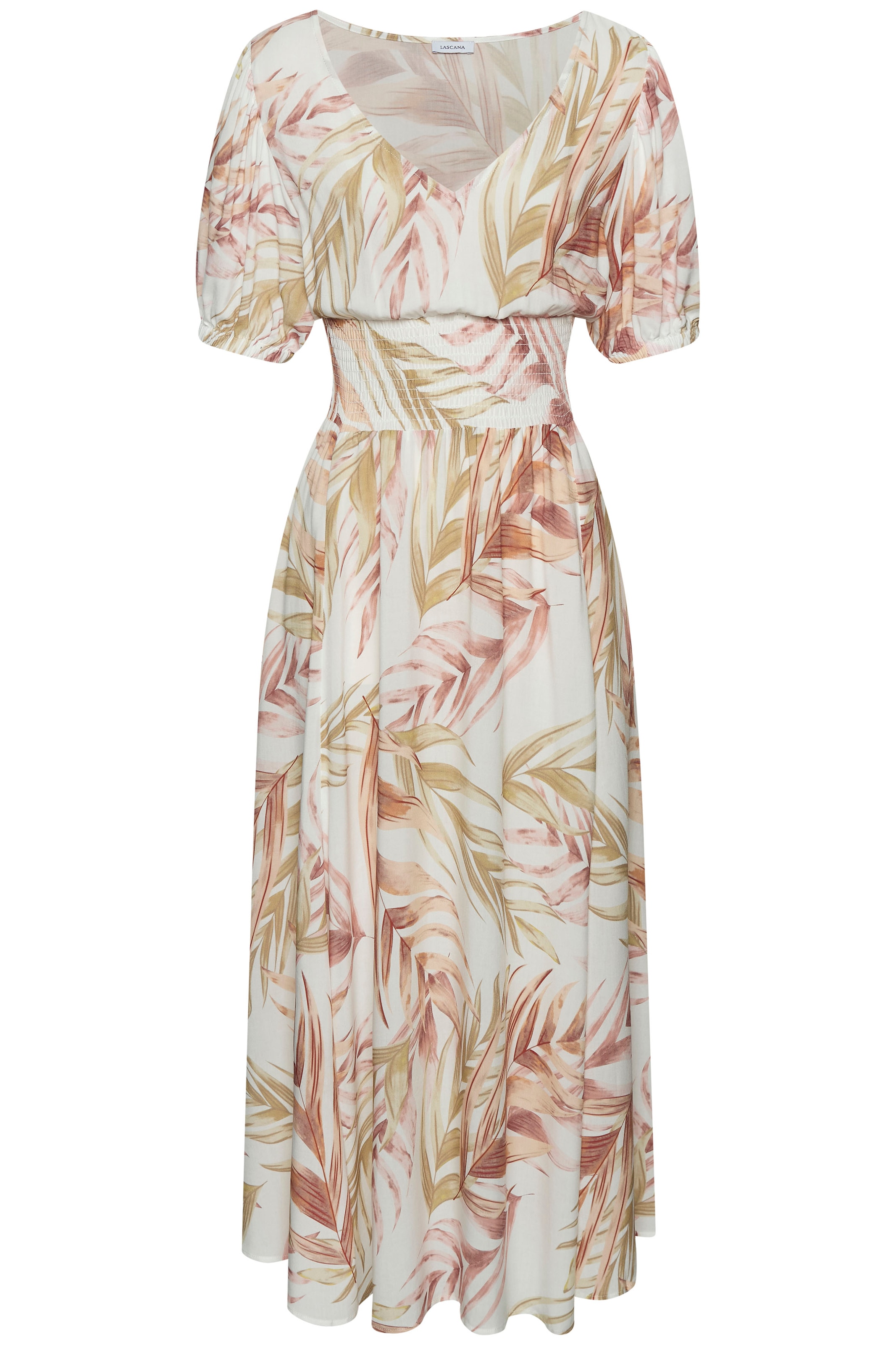 LASCANA Maxikleid mit Alloverprint und gesmokter Taille, luftiges Sommerkleid